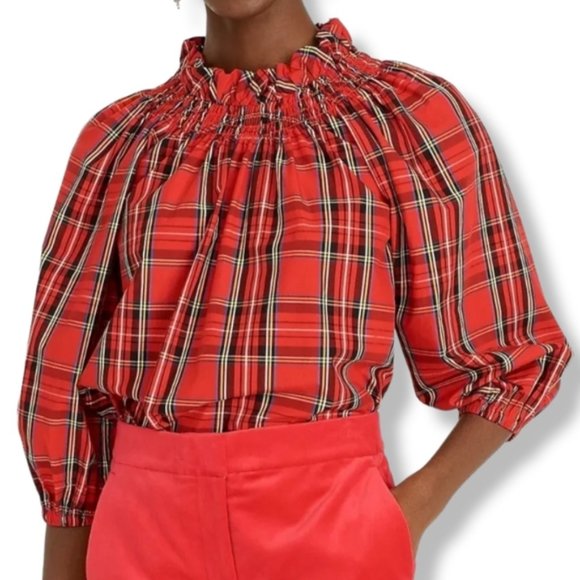 NWT J.Crew Red Tartan Plaid Smocked Neck Top Blouse XXS - Picture 2 of 3